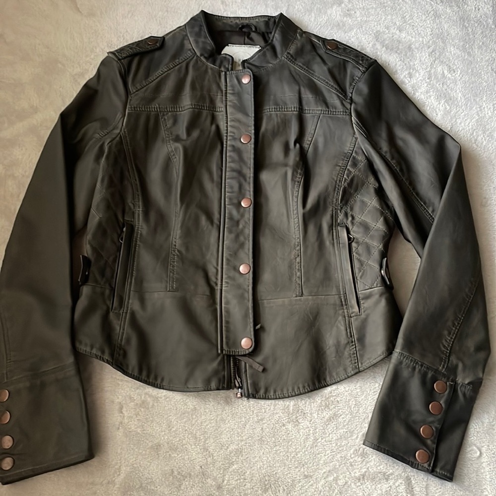 Anthropologie vegan leather, quilted dark olive jacket